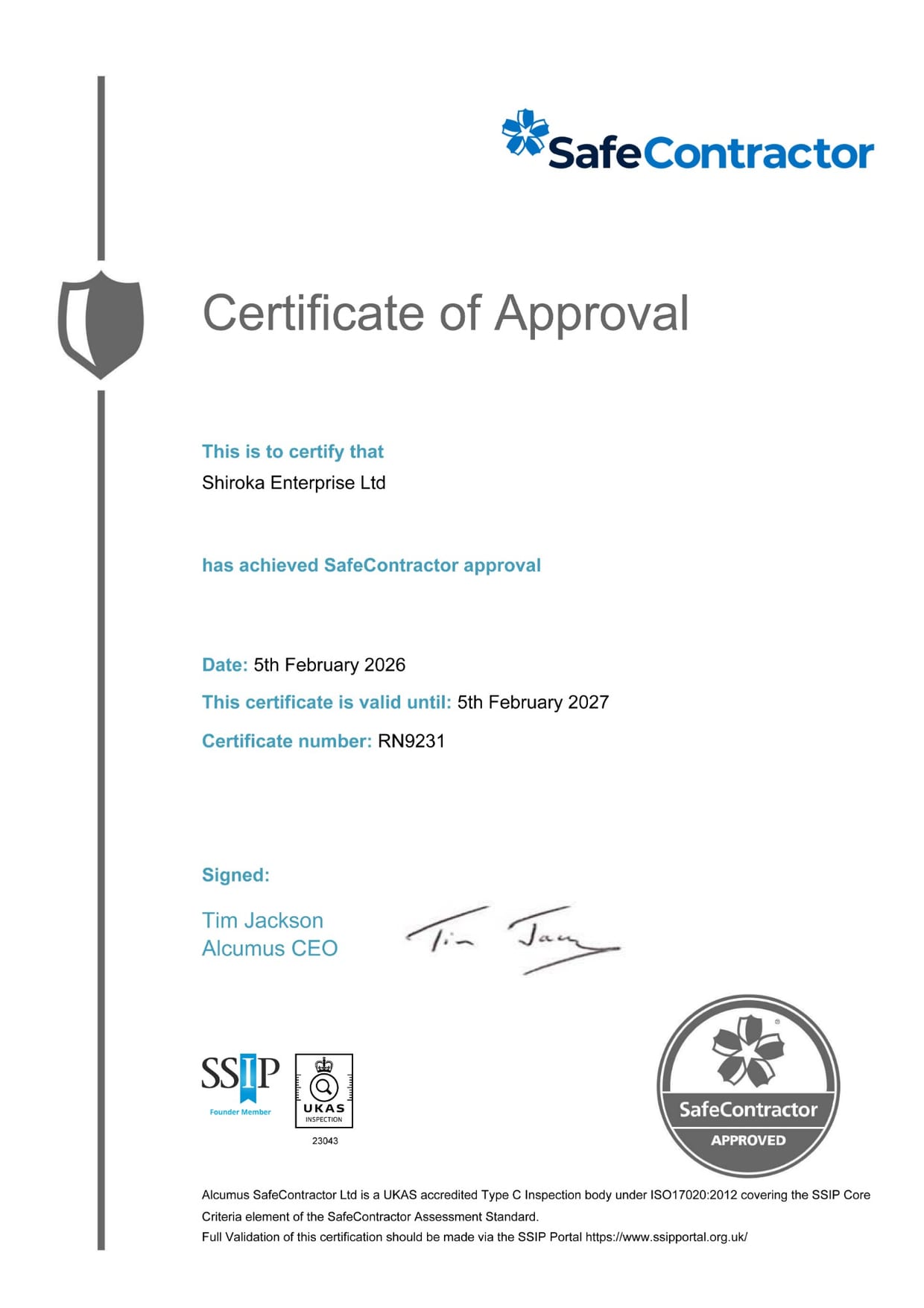 SafeContractor Certificate of Approval: Shiroka Enterprise Ltd, certificate number RN9231, dated 5 February 2026, valid until 5 February 2027.