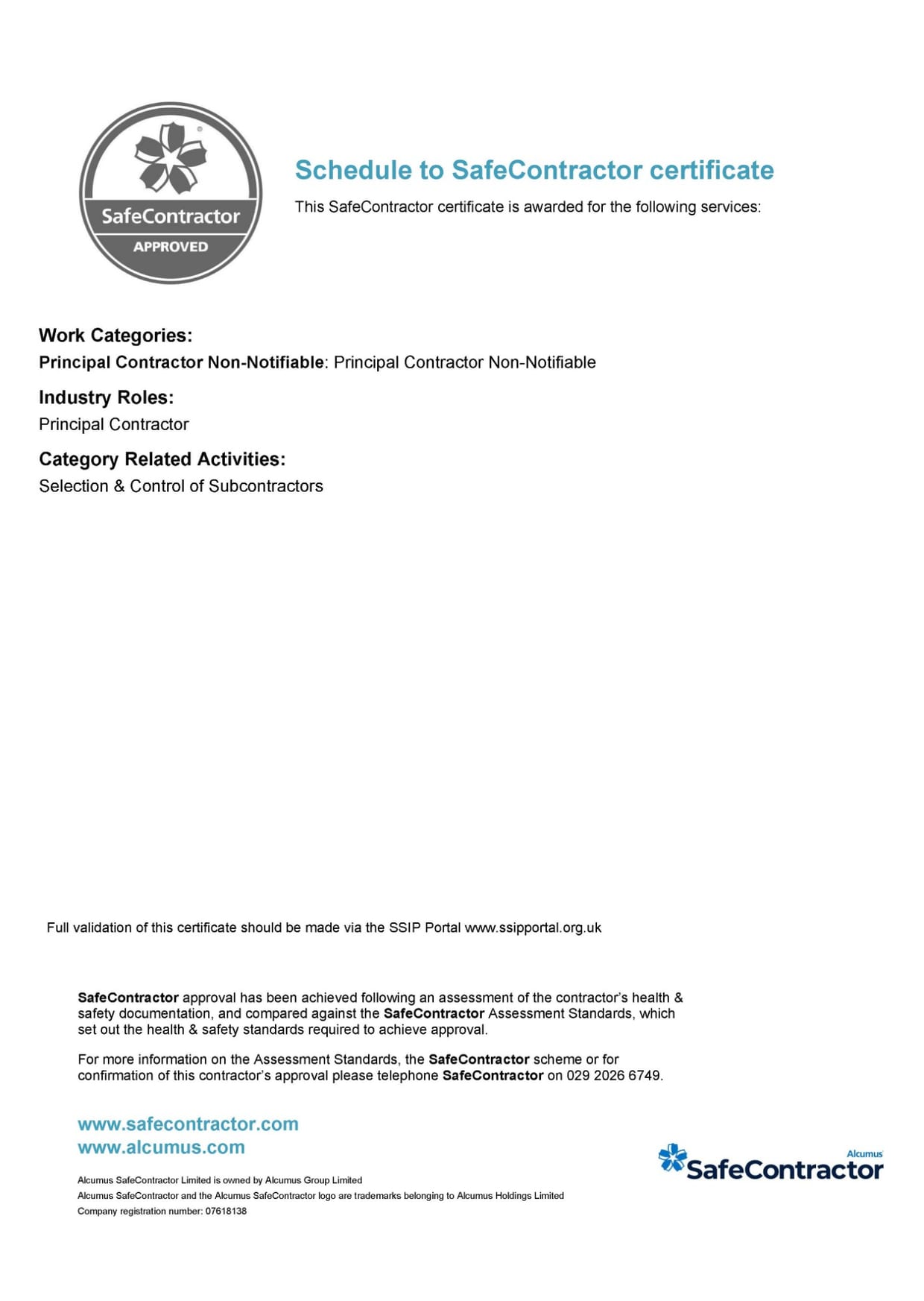 Schedule to the certificate: work category Principal Contractor (non-notifiable), industry role Principal Contractor, related activity selection and control of subcontractors.